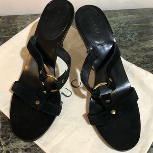 Gucci Black Suede Sandals Gold Metal Heels Sz 7.5